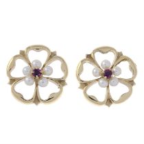 9ct gold ruby & seed pearl rose earrings