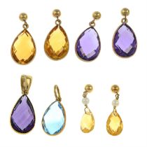 Three pairs of earrings & two pendants
