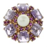 Amethyst, cultured pearl and synthetic ruby dress ring