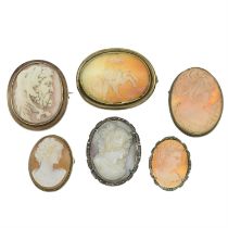 Six cameo brooches