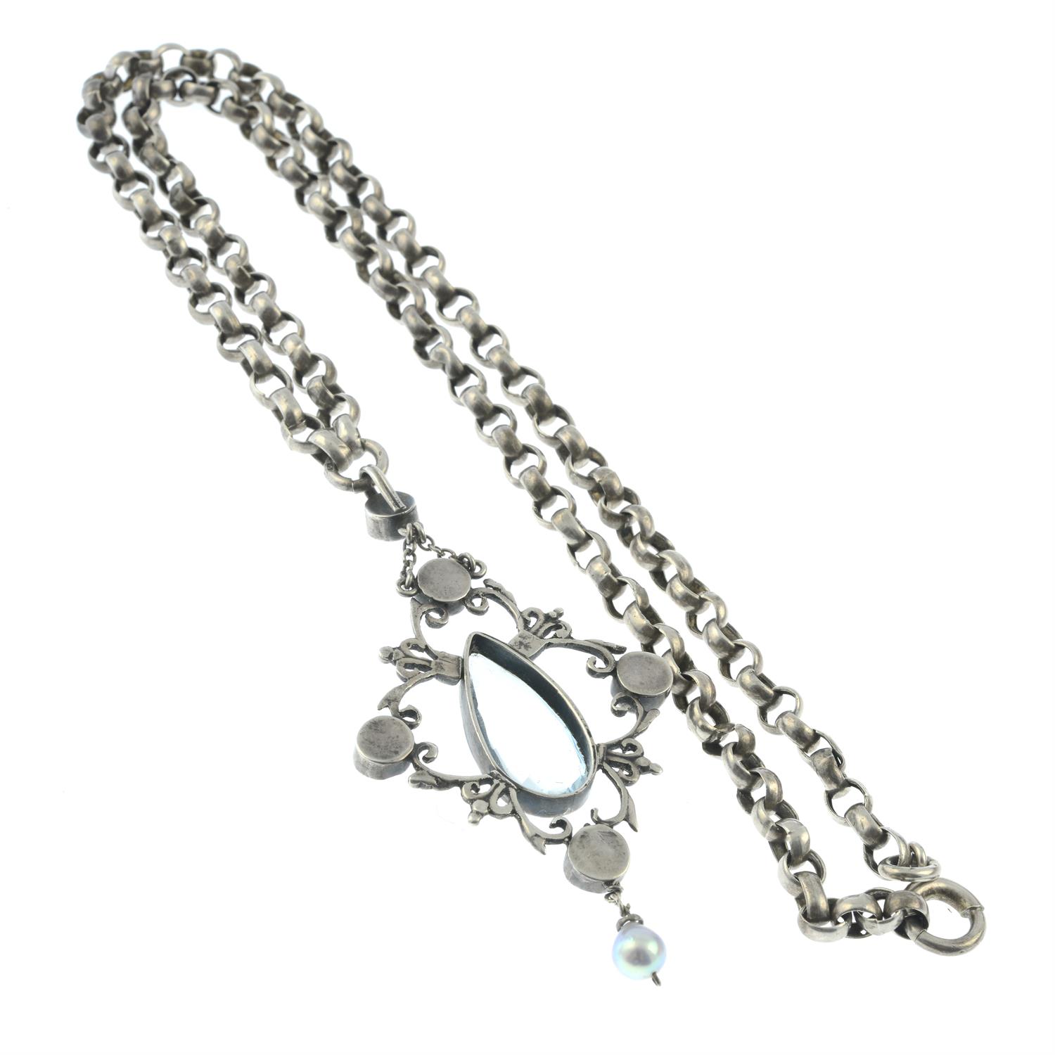 Edwardian silver split pearl, mother-of-pearl & aquamarine pendant necklace - Image 2 of 2