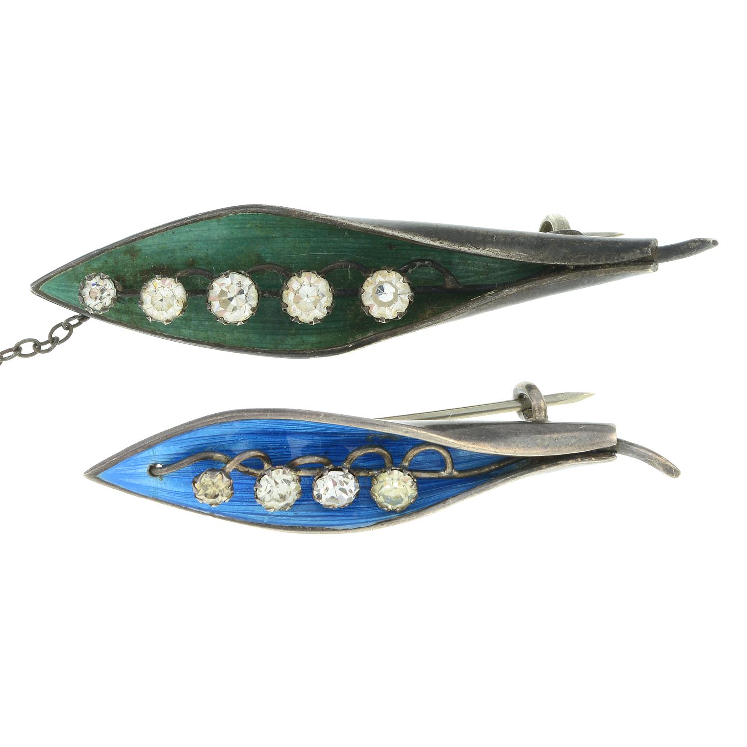 Two early 20th century silver paste lily-of-the valley brooches, by Arthur Johnson Smith