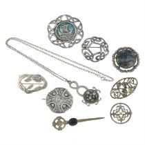 Eight Scottish brooches & a necklace