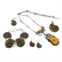 Ammonite jewellery suite & amber necklace