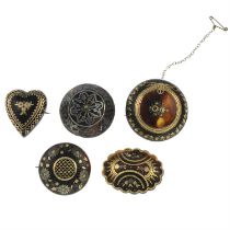 Five mid Victorian tortoiseshell pique brooches