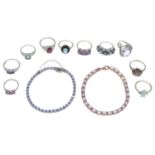 Ten gem rings & two bracelets