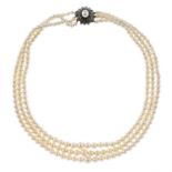 Cultured pearl three-row necklace