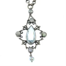 Edwardian silver split pearl, mother-of-pearl & aquamarine pendant necklace