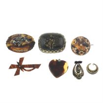 Seven mid Victorian tortoiseshell jewellery items
