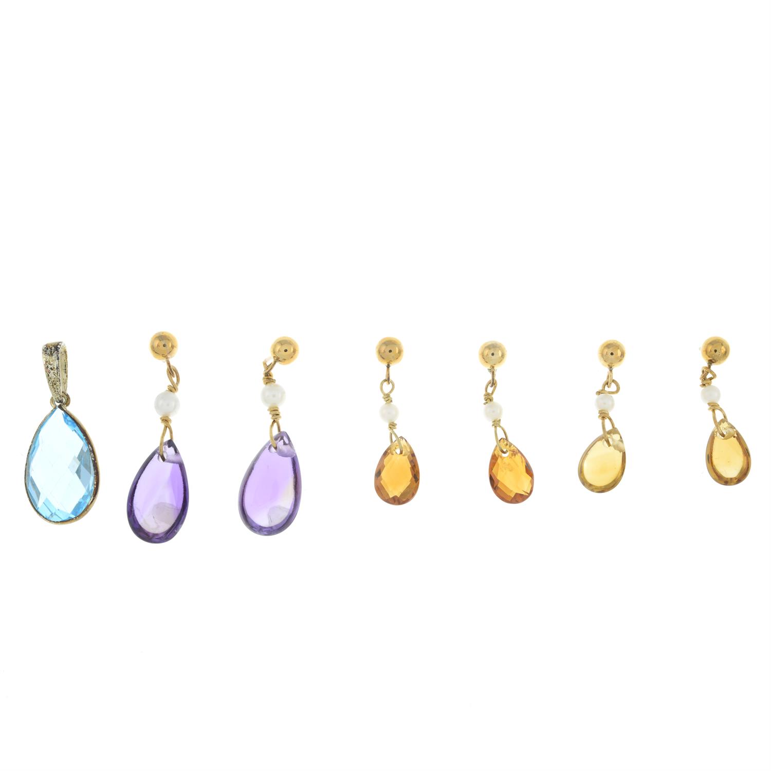Three pairs of gem earrings & a pendant