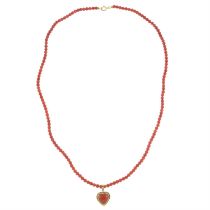 Coral single-strand bead necklace, with heart-shape coral pendant
