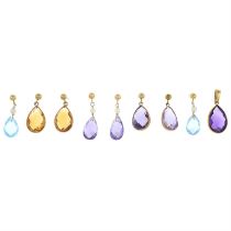 Four pairs of gem earrings & a pendant