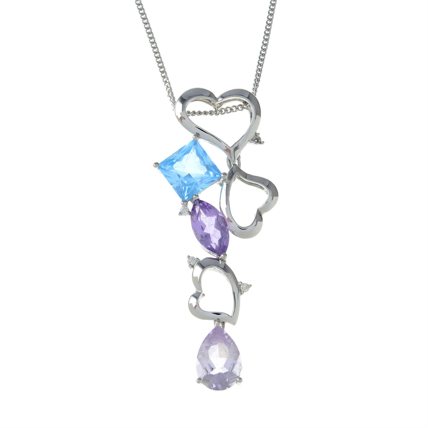 An 18ct gold amethyst, blue topaz and diamond openwork heart pendant, with 9ct gold chain.