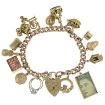 9ct gold charm bracelet, suspending variously designed charms