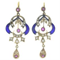 Ruby, split pearl & enamel drop earrings