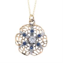 9ct gold diamond & sapphire pendant, with chain