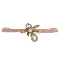 Early 20th century peridot & split pearl fly brooch