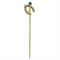 Early 20th century 9ct gold sapphire & seed pearl wishbone stick pin