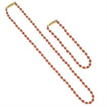 18ct gold coral bead necklace & bracelet set