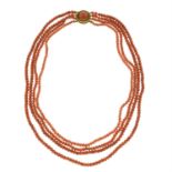 19th century multi-strand coral bead necklace, with coral bead push-piece clasp