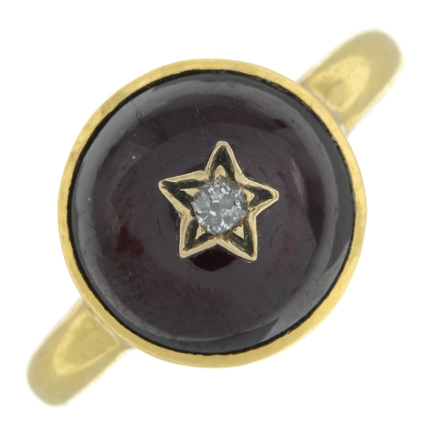 Late 19th century 18ct gold garnet cabochon ring, with diamond highlight