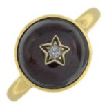 Late 19th century 18ct gold garnet cabochon ring, with diamond highlight