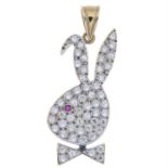 9ct gold colourless & red gem bunny pendant