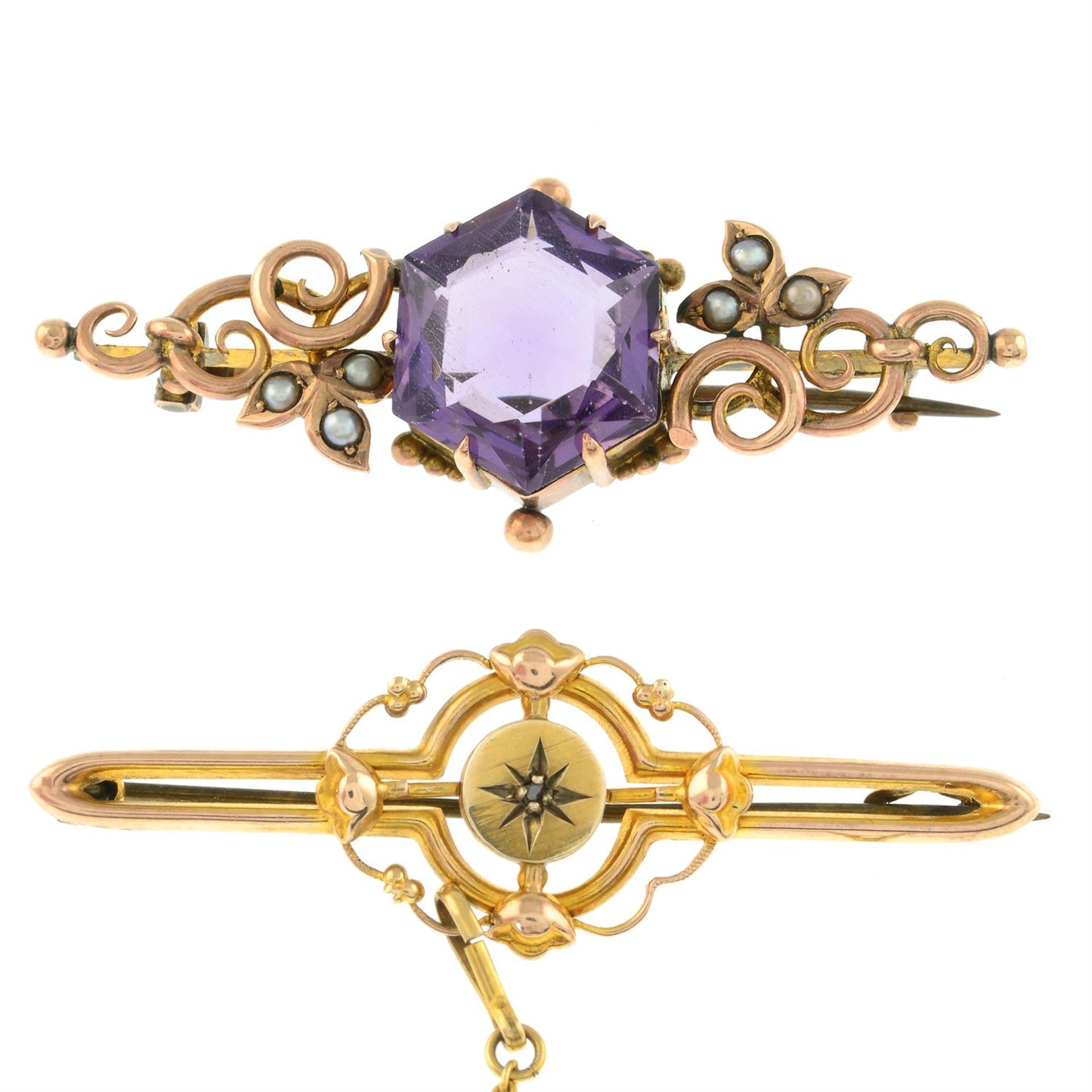 Two early 20th century 9ct gold gem-set bar brooches