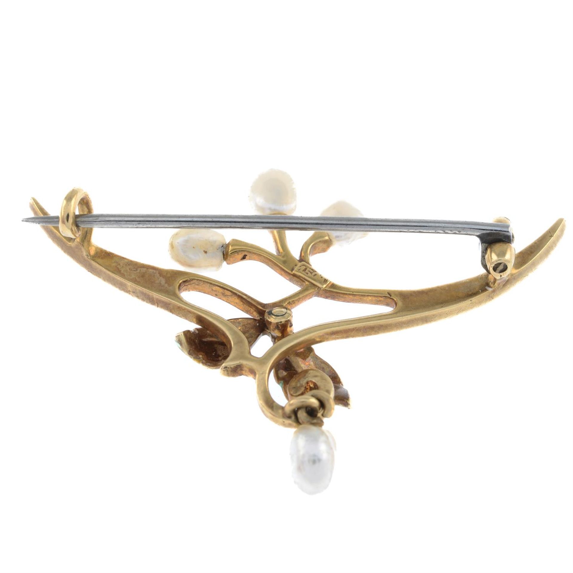 Art Nouveau 15ct gold enamel, split & cultured pearl brooch - Image 2 of 2