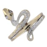 9ct gold snake ring, with colourless gem eyes
