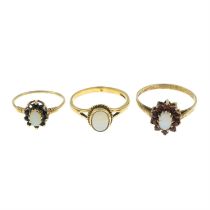 Thee 9ct gold opal & gem rings