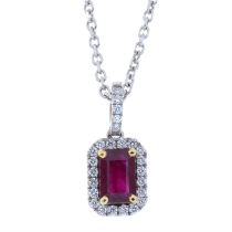 18ct gold ruby & diamond cluster pendant, with chain