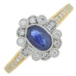 18ct gold sapphire & diamond cluster ring, with diamond shoulders