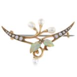 Art Nouveau 15ct gold enamel, split & cultured pearl brooch