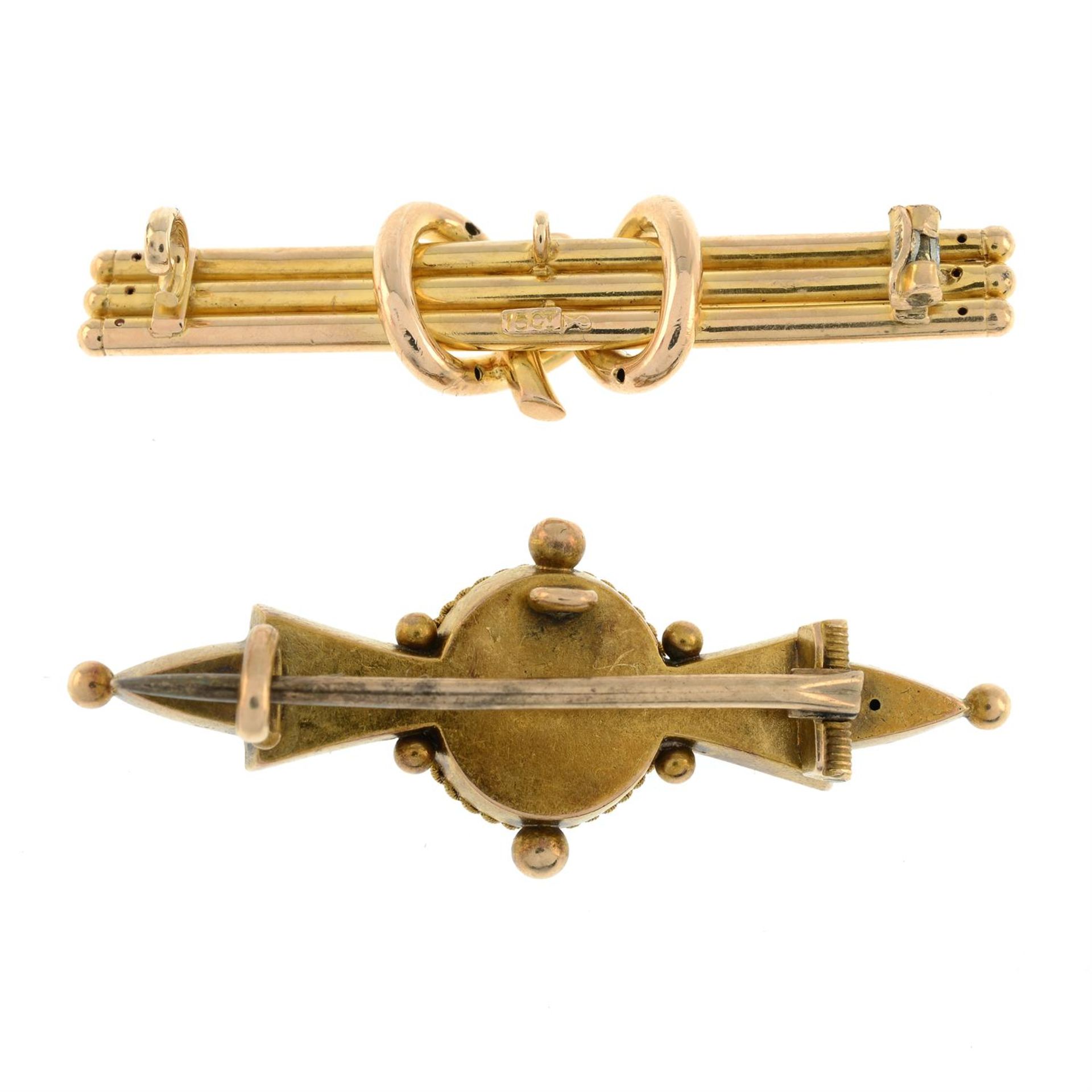 Victorian 15ct gold ornate foliate bar brooch, together with an early 20th century 15ct gold knot - Image 2 of 2