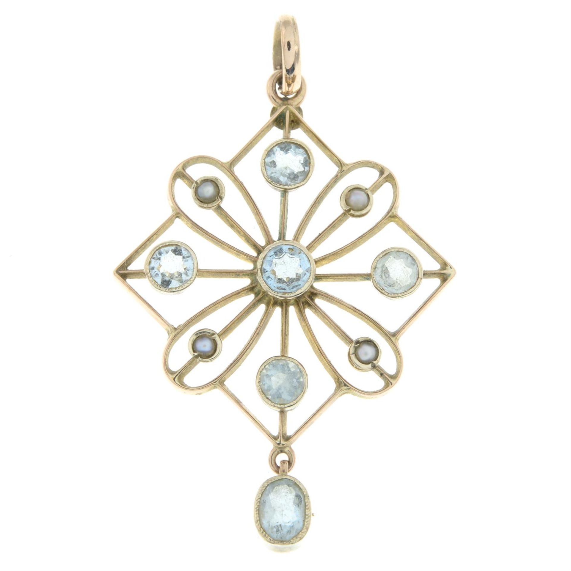 Early 20th century 9ct gold aquamarine & split pearl openwork pendant