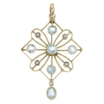 Early 20th century 9ct gold aquamarine & split pearl openwork pendant