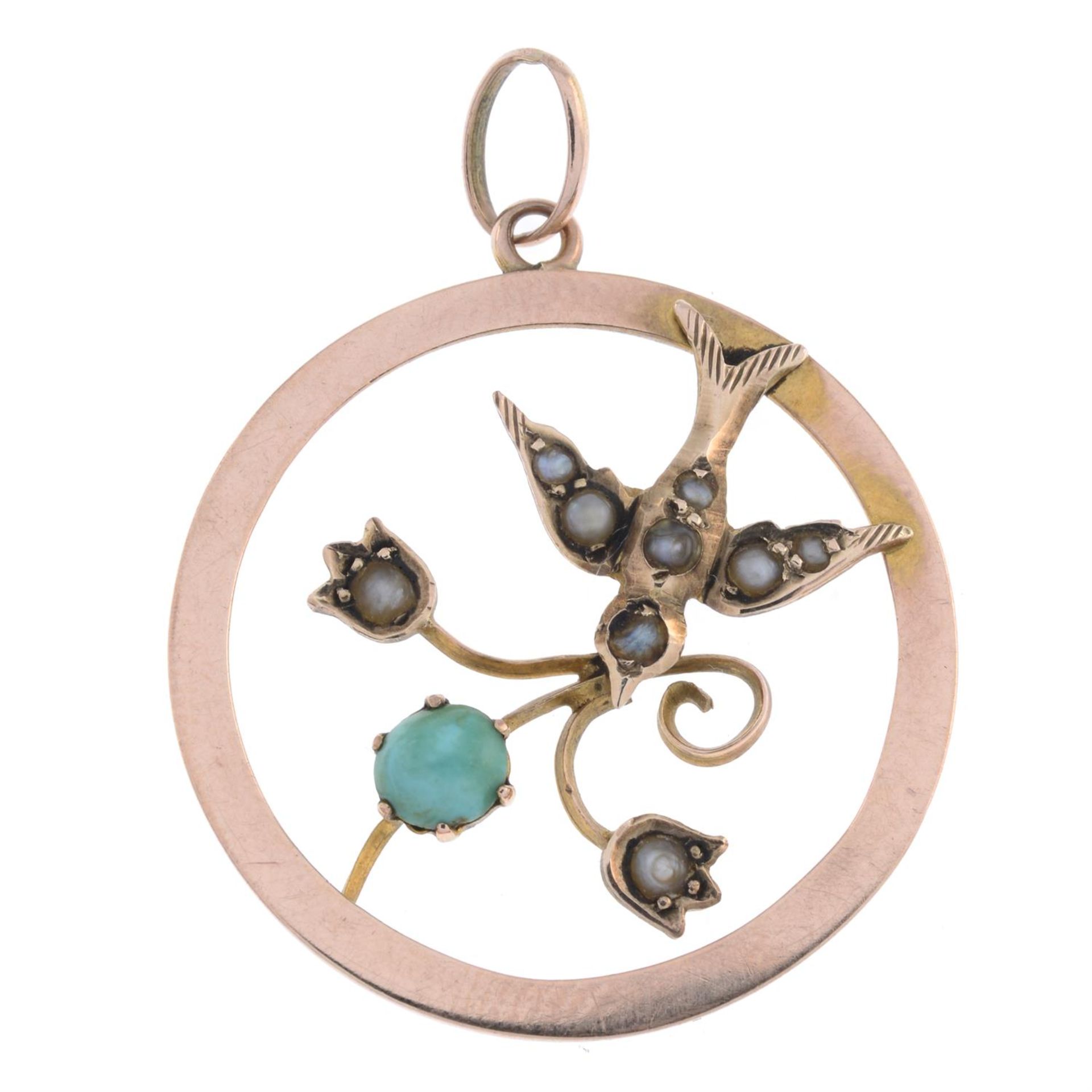 Early 20th century 9ct gold turquoise & seed pearl swallow pendant