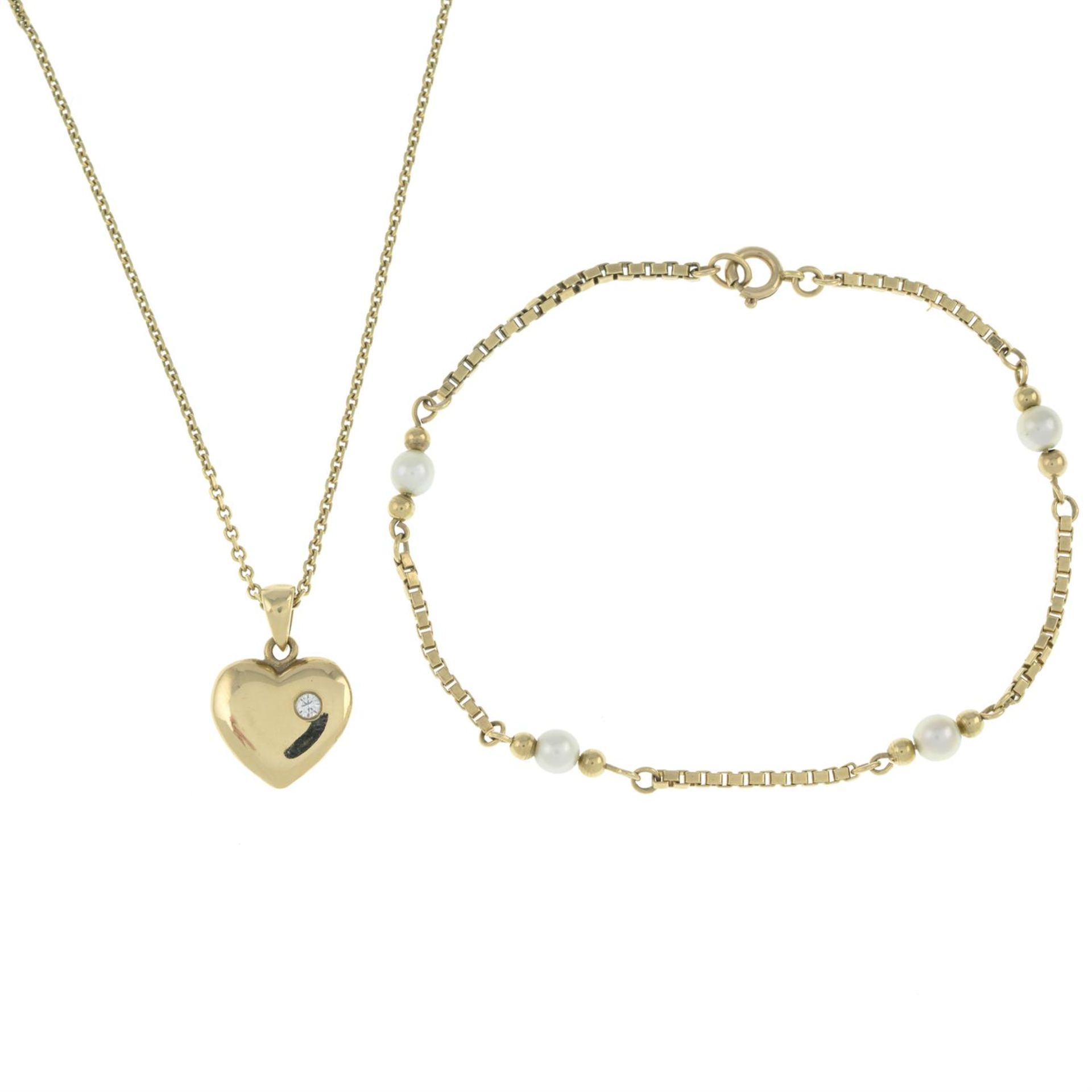 9ct gold diamond heart pendant, with 9ct gold chain & bracelet