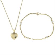 9ct gold diamond heart pendant, with 9ct gold chain & bracelet