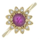 14ct gold ruby & diamond floral cluster ring