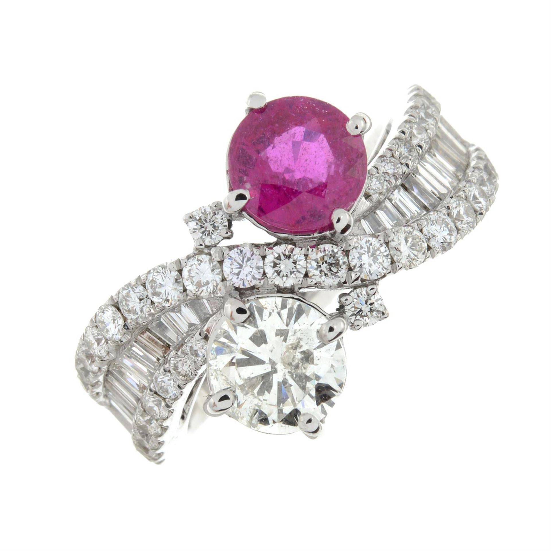 A vari-cut diamond and ruby crossover ring.