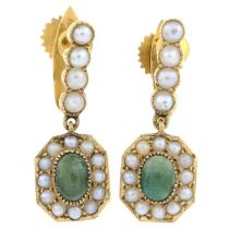 Early 20th 15ct gold green gem & pearl earrings