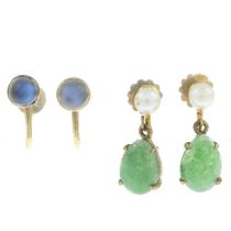 Two pairs of early 20th century gold gem-set earrings