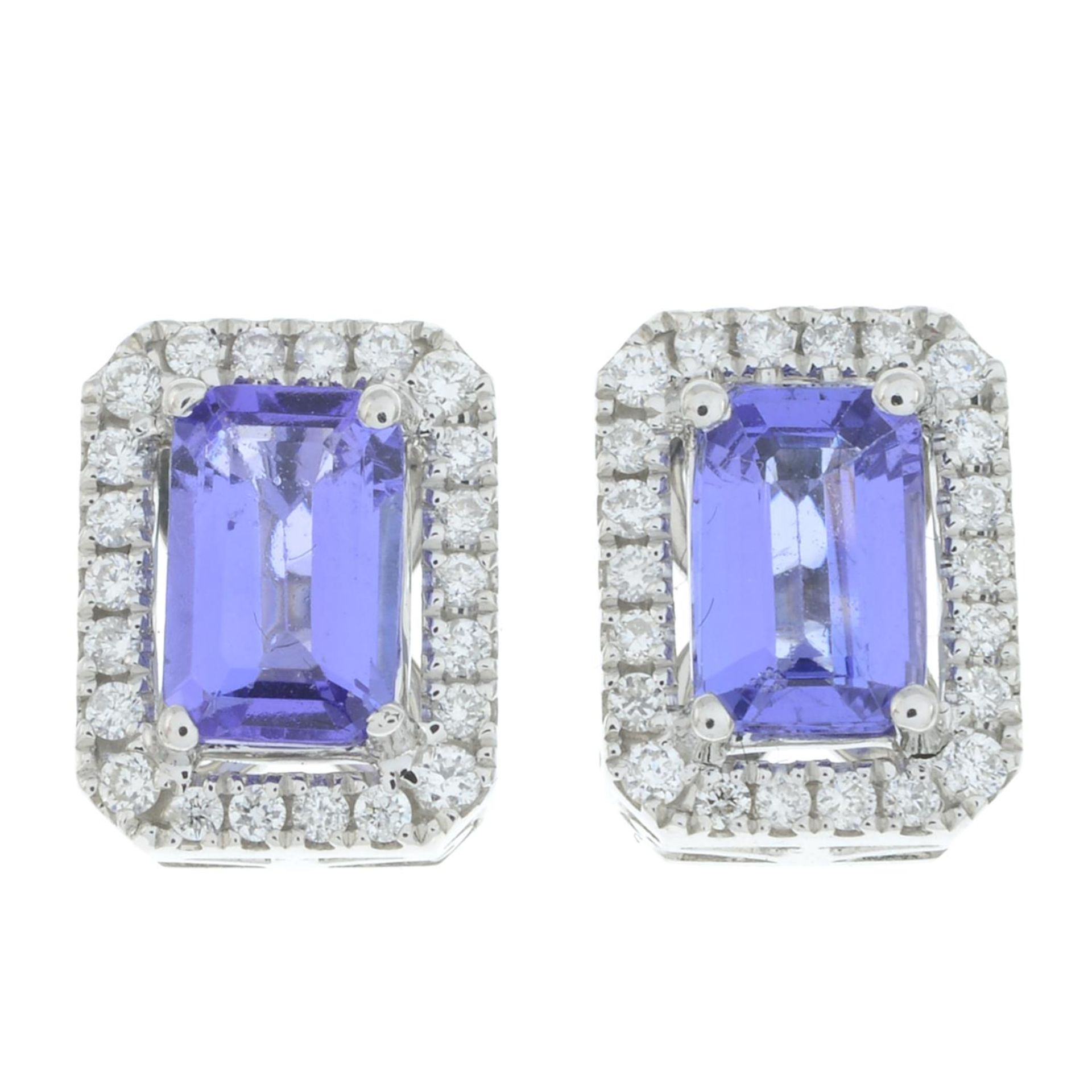 A pair of 18ct gold tanzanite and diamond rectangular cluster earrings.
