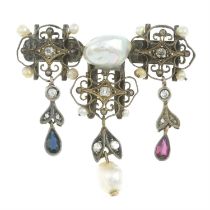 Early 20th century baroque pearl & gem brooch.