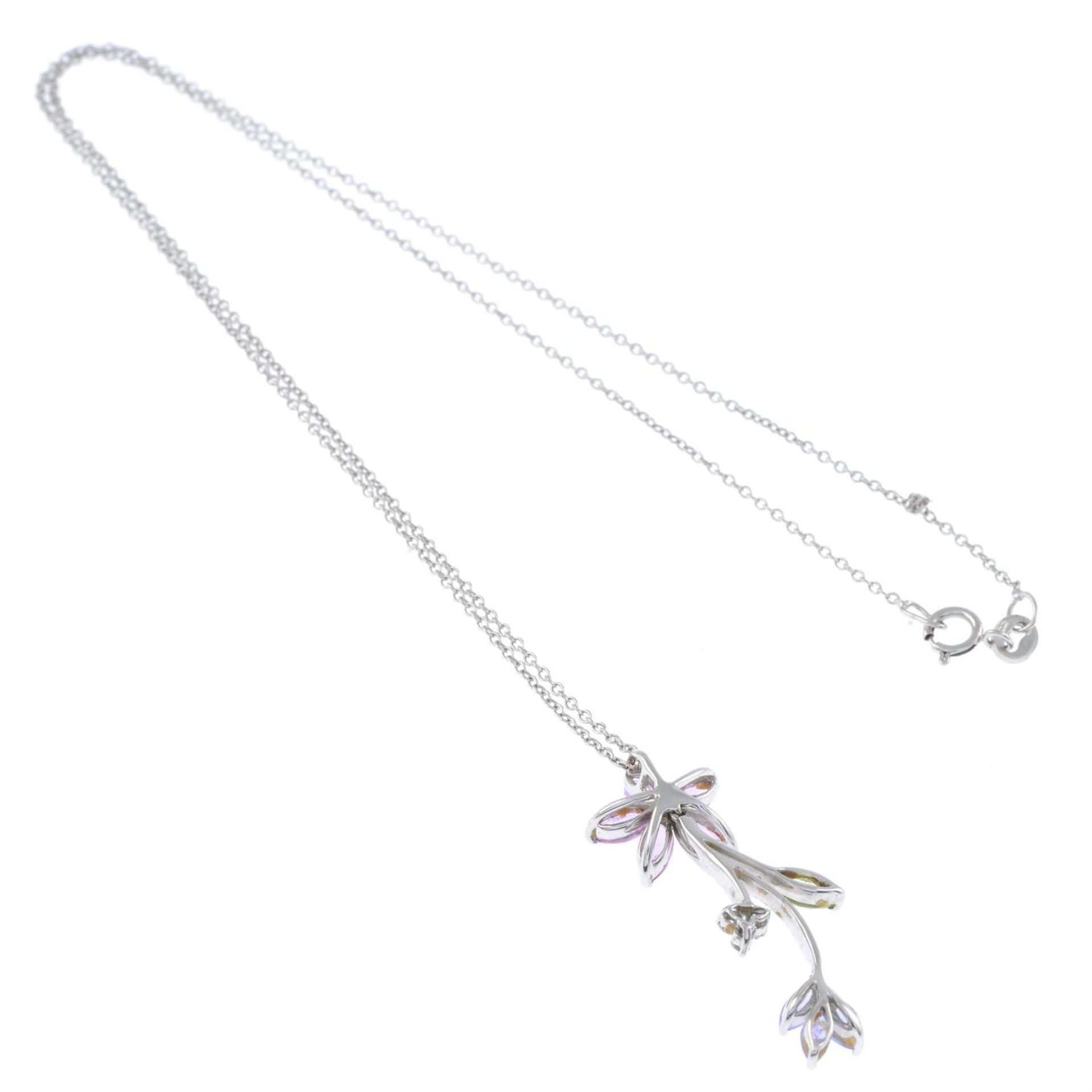 Diamond & vari-hue gem floral pendant, with chain - Image 2 of 2