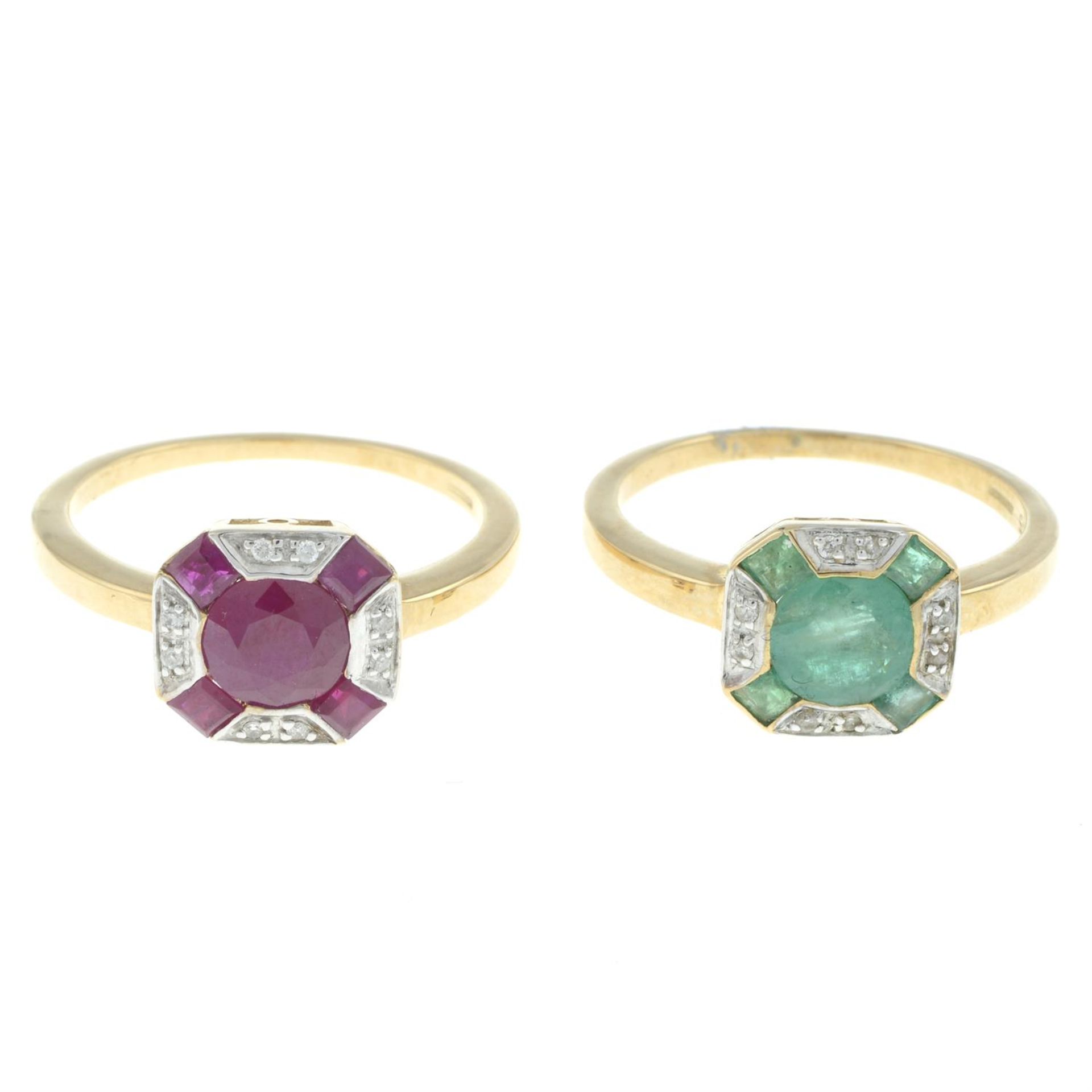 Two 9ct gold gem & diamond cluster rings