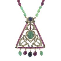 Multi-gem pendant, on an integral beaded necklace