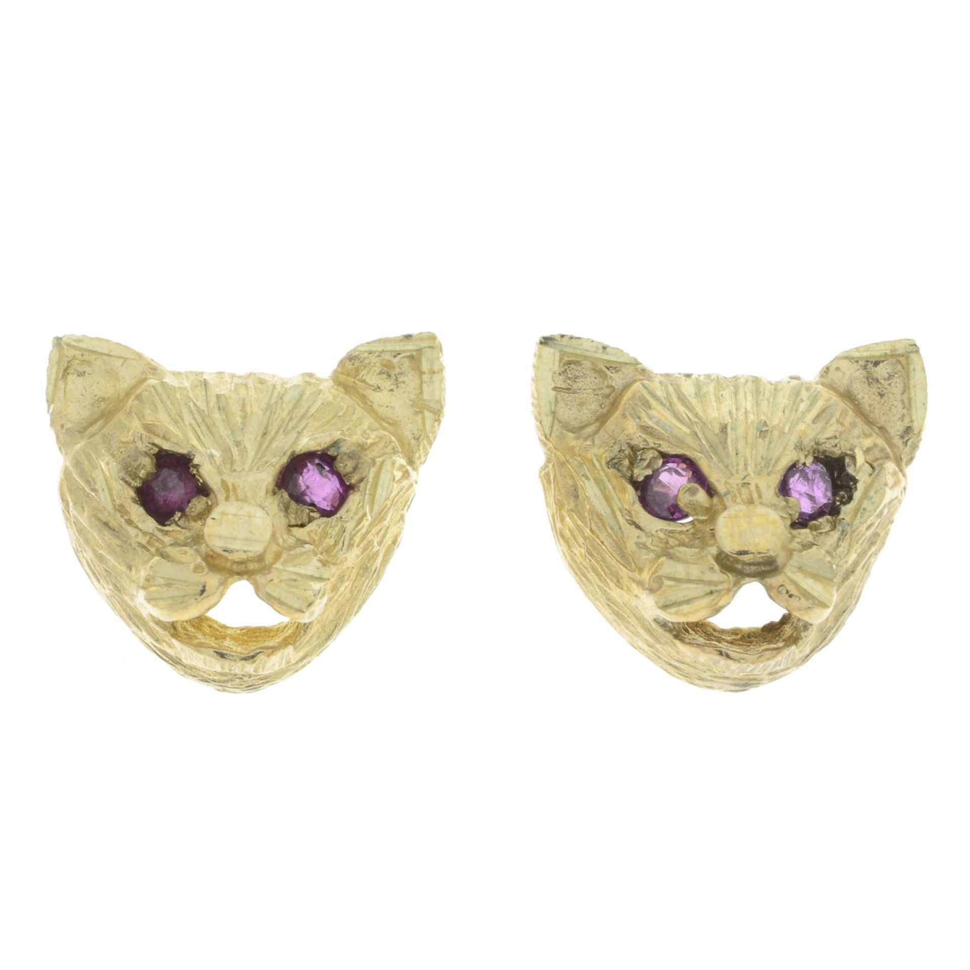 9ct gold cat earrings, ruby eyes